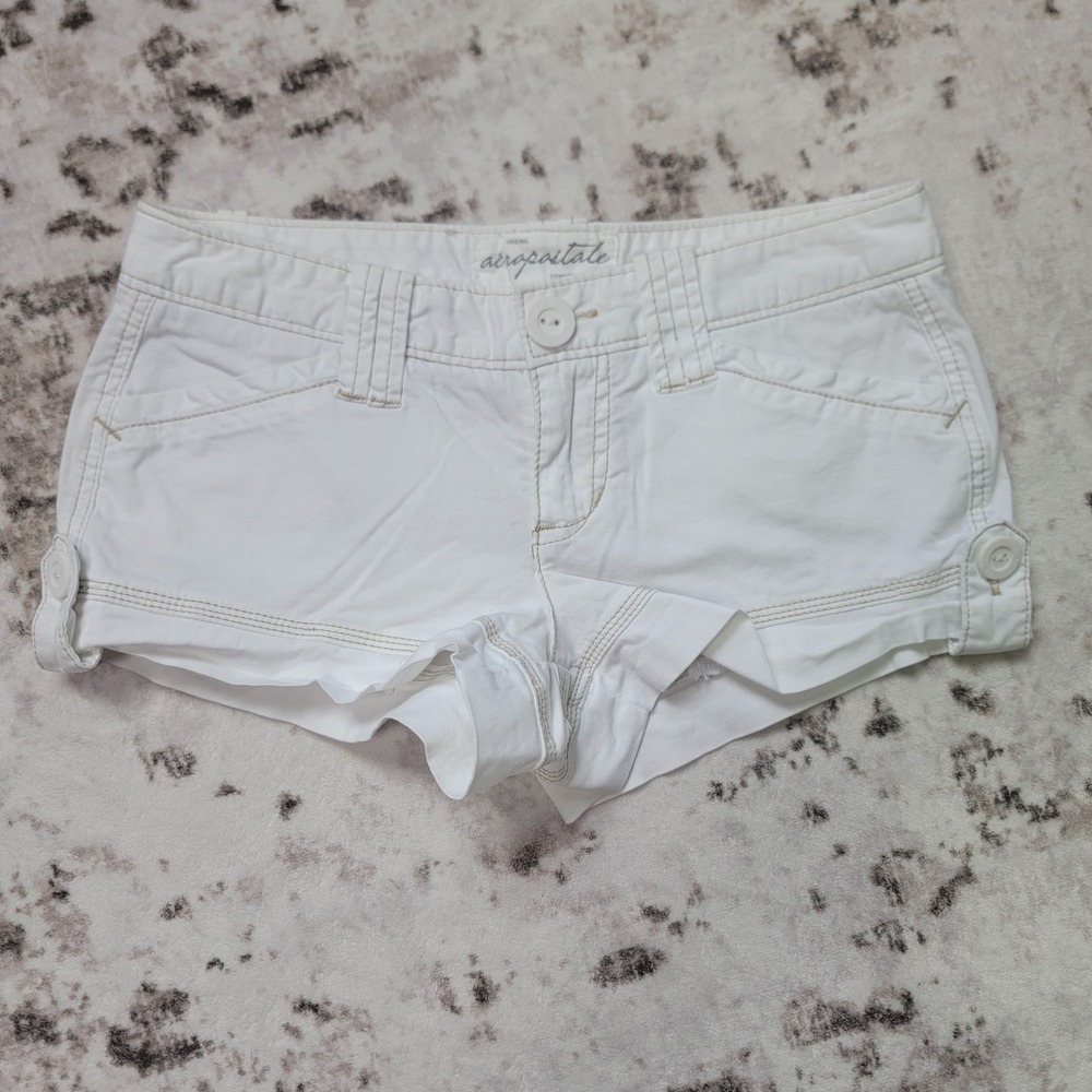 Y2K Aeropostale White Micro Shorty Shorts Low Rise Tan Stitching Size 1/2